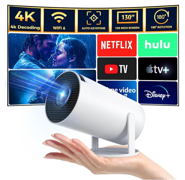 Projetor de Cinema Portátil Espelhamento, WiFi, 4K